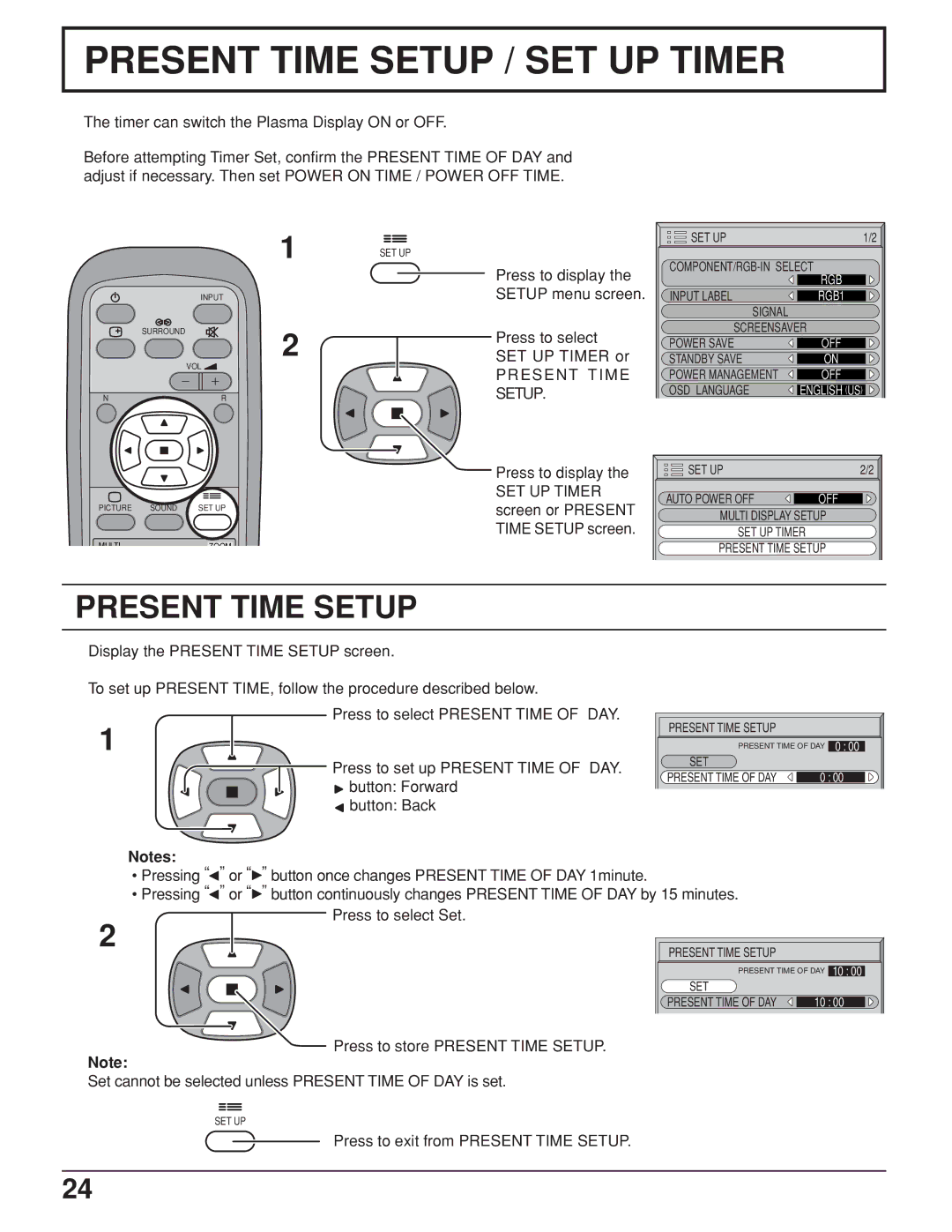 JVC GD-V422U, GD V502U manual Present Time Setup, SET UP Timer 