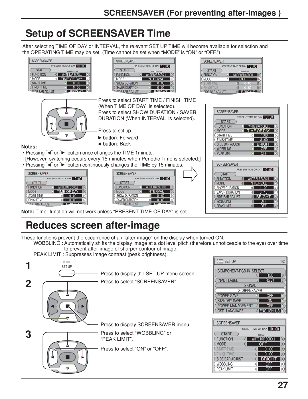 JVC GD V502U, GD-V422U manual Setup of Screensaver Time, Reduces screen after-image, Peak Limit 