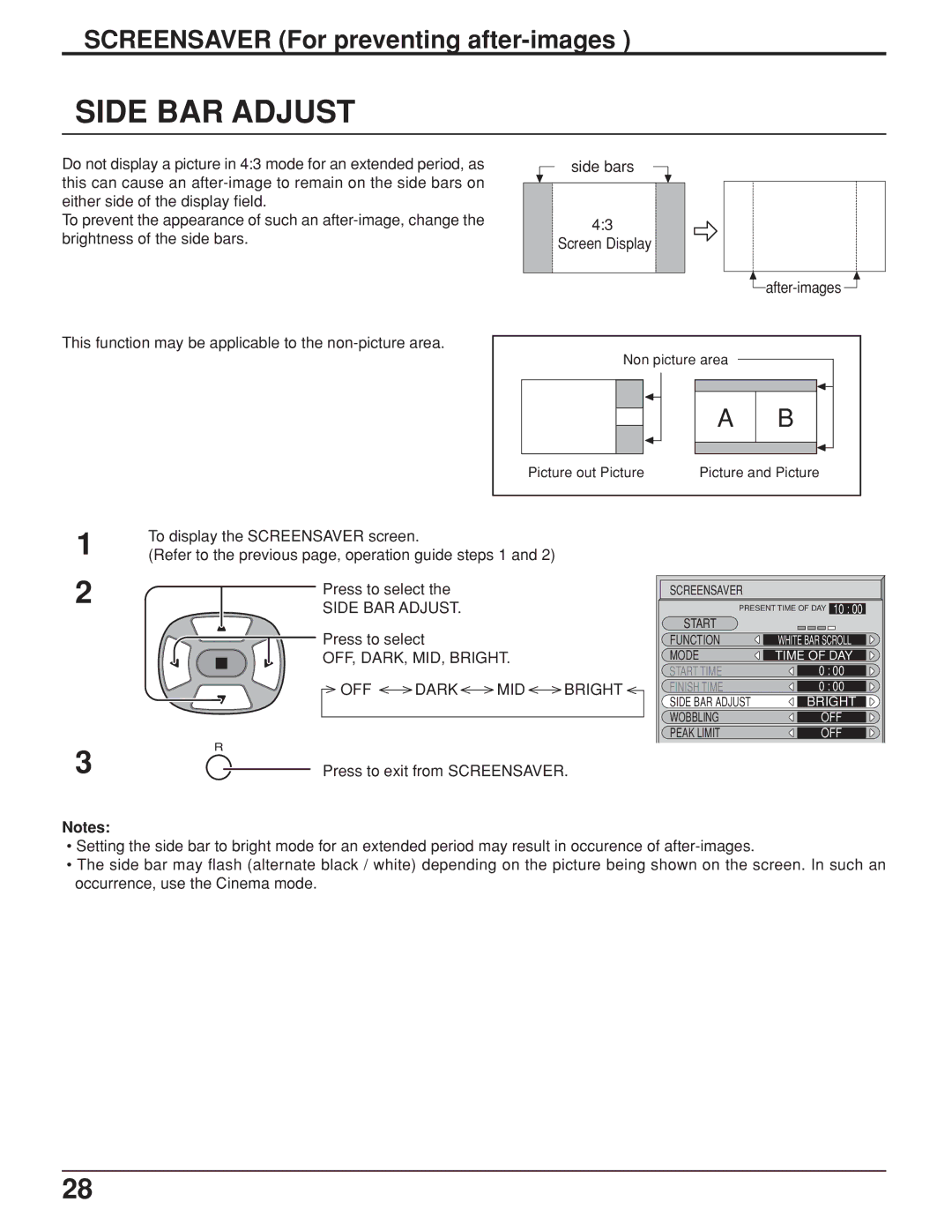 JVC GD-V422U, GD V502U manual Side BAR Adjust, OFF, DARK, MID, Bright OFF Dark MID Bright, Press to exit from Screensaver 