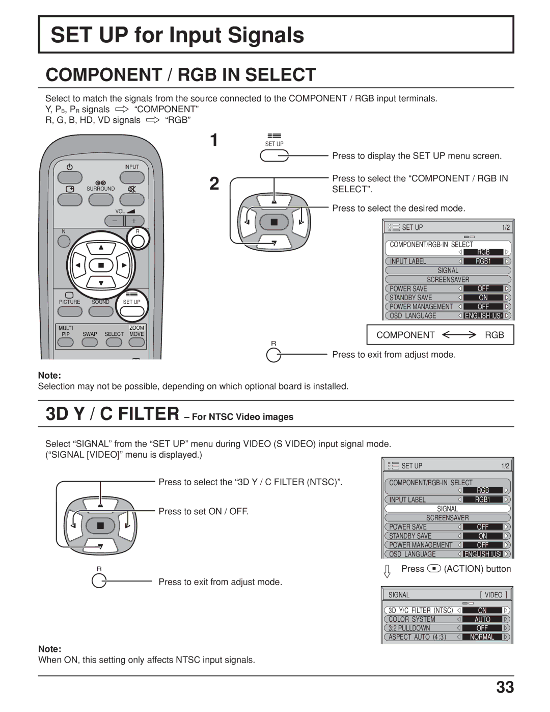 JVC GD V502U SET UP for Input Signals, Component / RGB in Select, Component RGB, 3D Y / C Filter For Ntsc Video images 