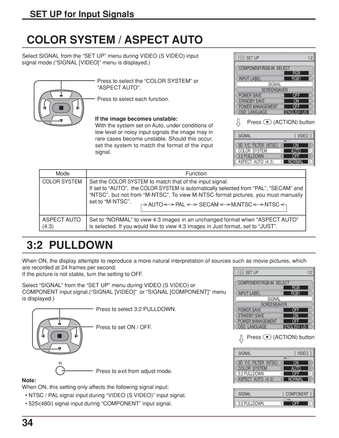 JVC GD-V422U, GD V502U manual Color System / Aspect Auto, Pulldown, If the image becomes unstable 