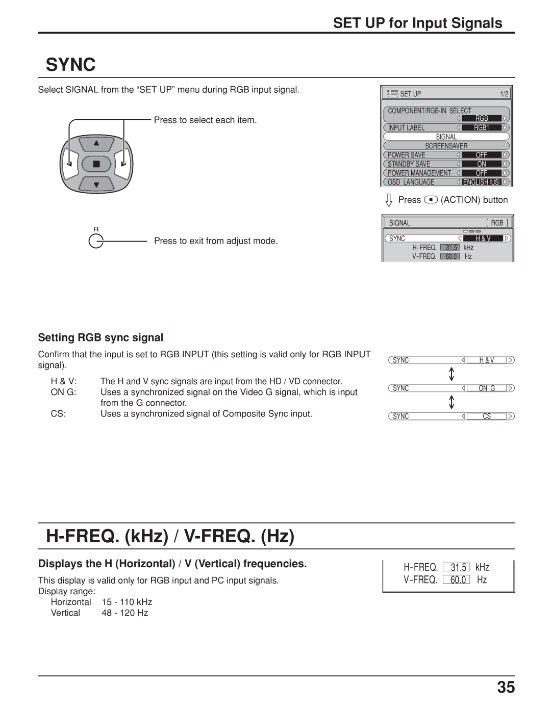 JVC GD V502U Sync, FREQ. kHz / V-FREQ. Hz, Setting RGB sync signal, Displays the H Horizontal / V Vertical frequencies 