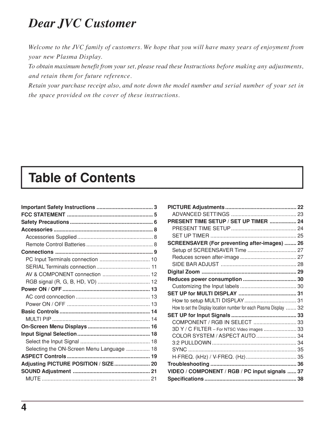 JVC GD-V422U, GD V502U manual Table of Contents 