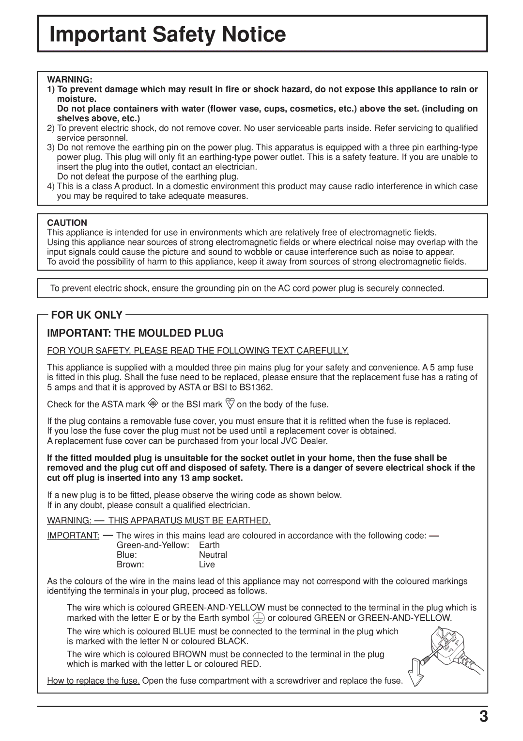 JVC GD V502U Important Safety Notice, For Your SAFETY, Please Read the Following Text Carefully, Green-and-Yellow Earth 