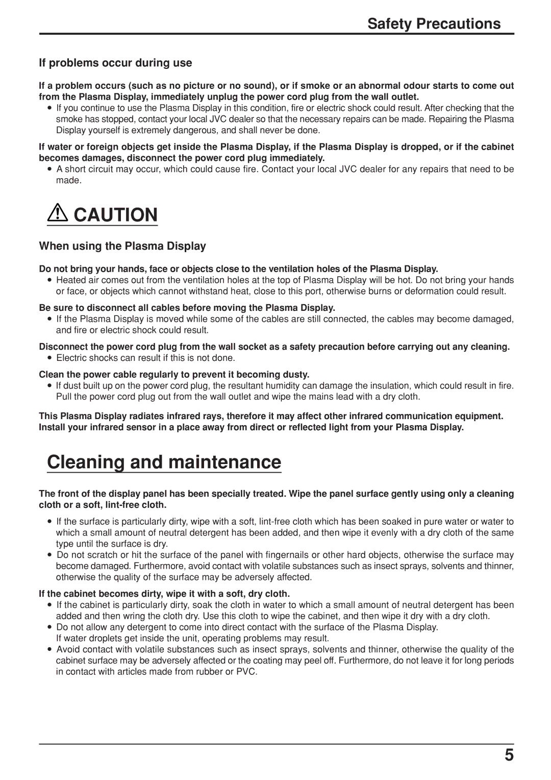 JVC GD V502U, GD-V422U manual Clean the power cable regularly to prevent it becoming dusty 