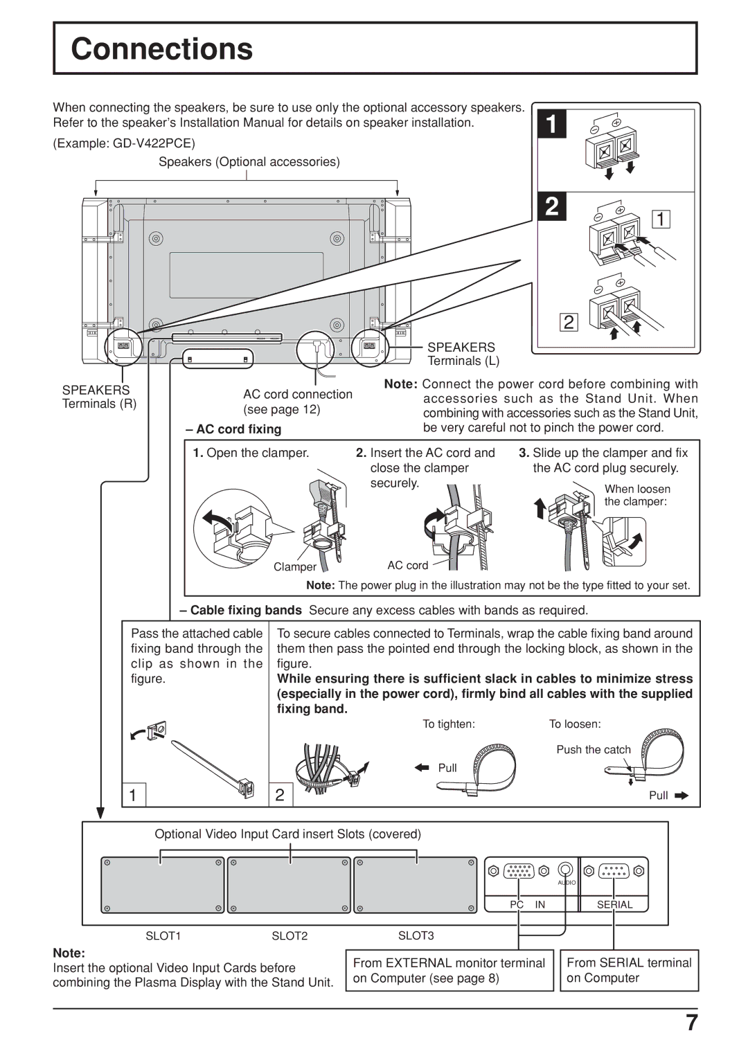 JVC GD V502U, GD-V422U manual AC cord connection, Optional Video Input Card insert Slots covered 