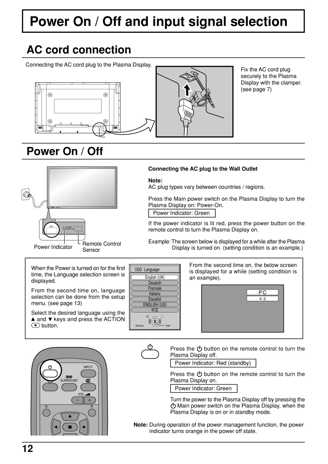 JVC GD-V422U, GD V502U manual Power On / Off and input signal selection, AC cord connection 