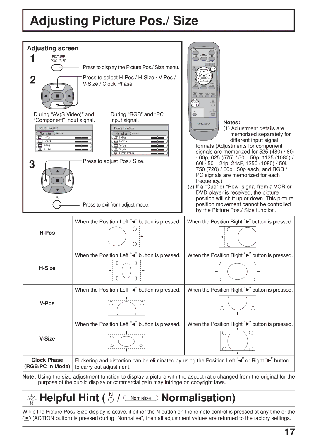 JVC GD V502U, GD-V422U manual Adjusting Picture Pos./ Size, Helpful Hint N / Normalise Normalisation 