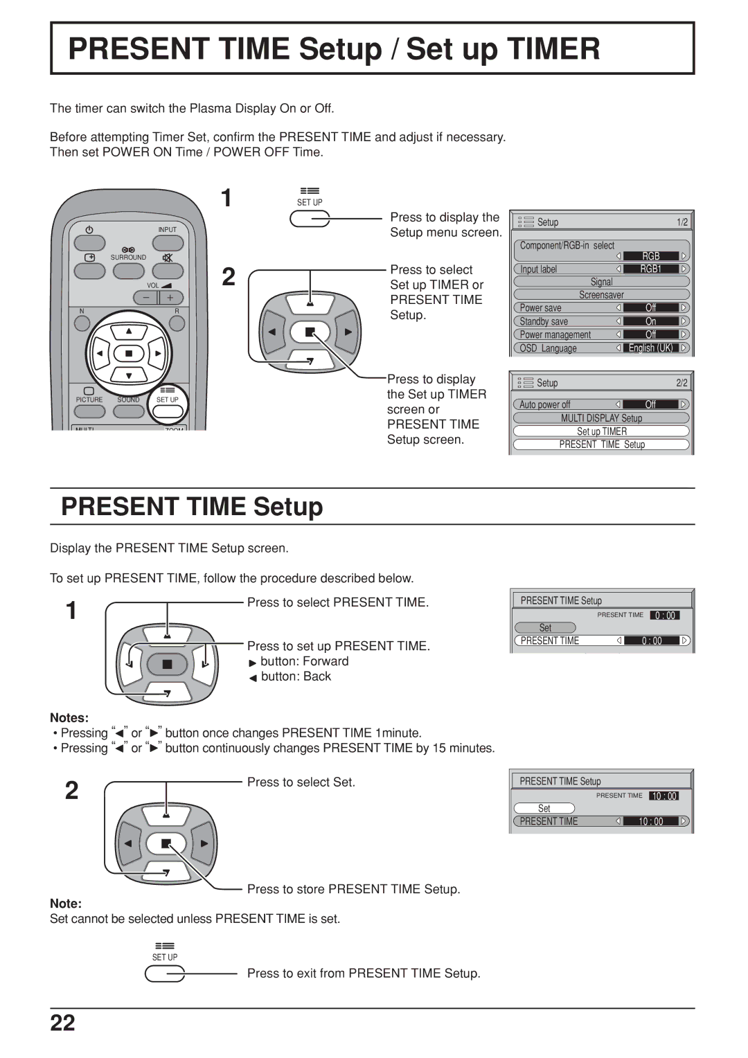 JVC GD-V422U, GD V502U manual Present Time Setup / Set up Timer 