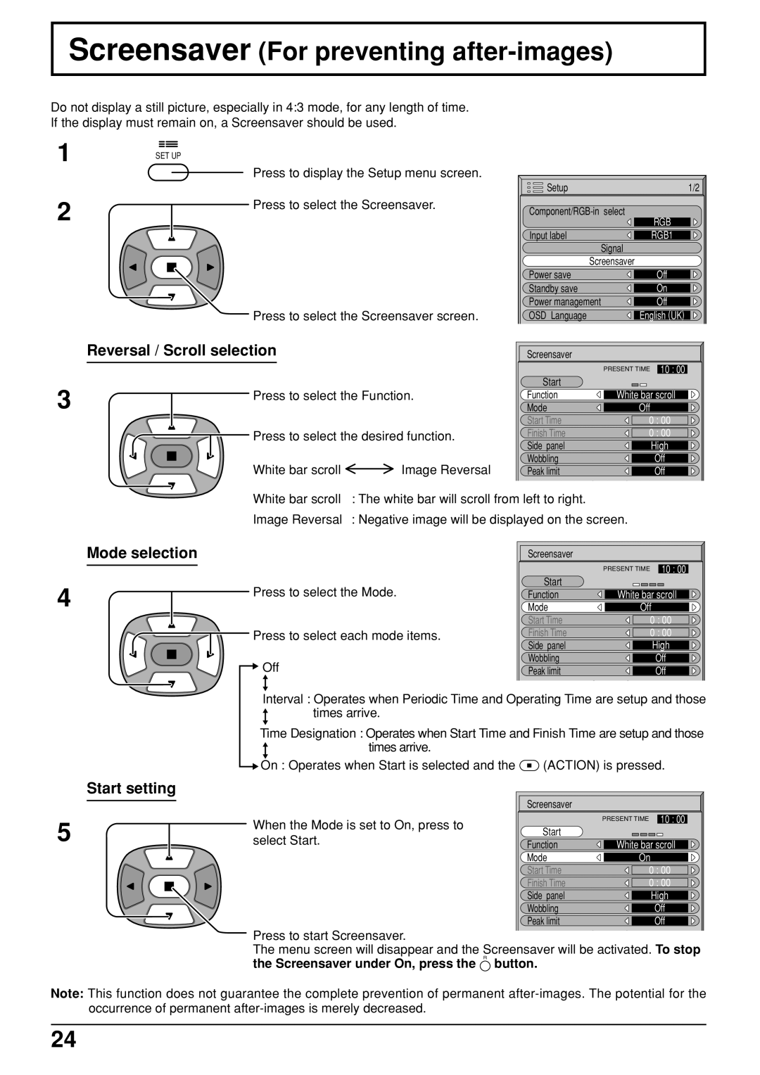 JVC GD-V422U Reversal / Scroll selection, White bar scroll Image Reversal, Off, Screensaver under On, press the R button 