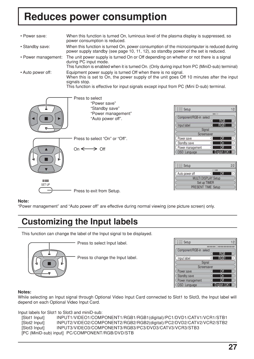 JVC GD V502U, GD-V422U manual Power management, Press to exit from Setup, PC MiniD-sub input PC/COMPONENT/RGB/DVD/STB 