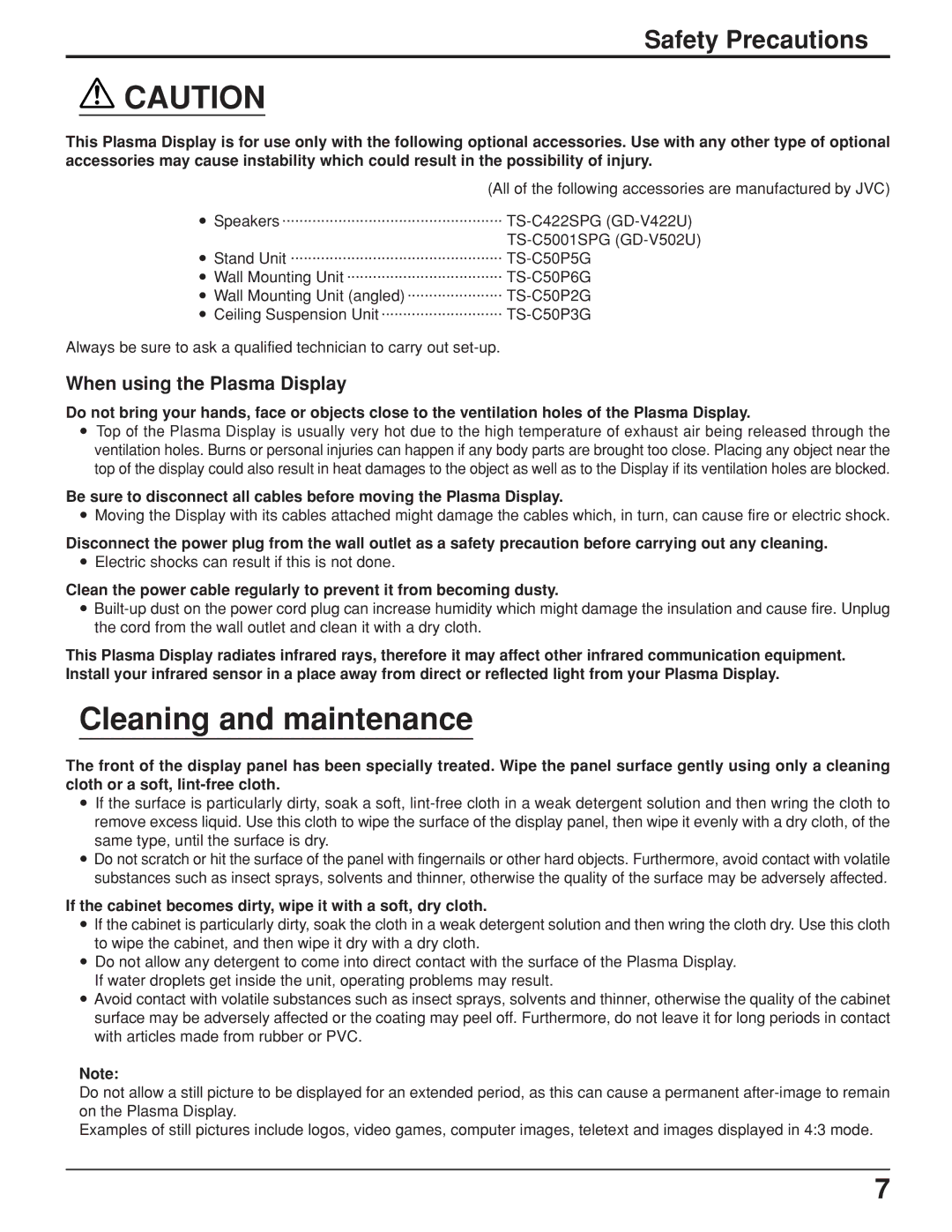 JVC GD V502U manual Cleaning and maintenance, When using the Plasma Display, Electric shocks can result if this is not done 