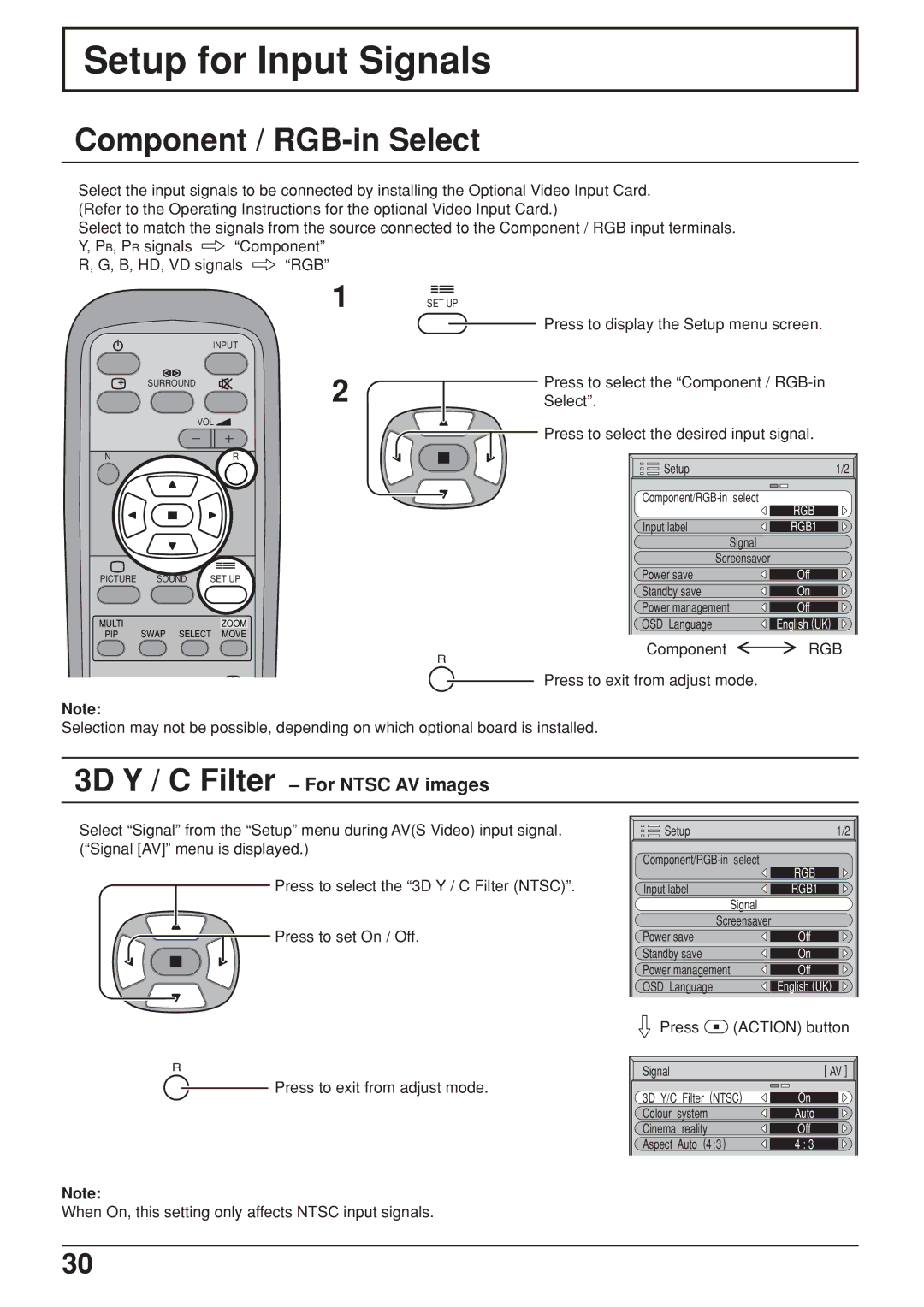 JVC GD-V422U, GD V502U manual Setup for Input Signals, Component / RGB-in Select, 3D Y / C Filter For Ntsc AV images 