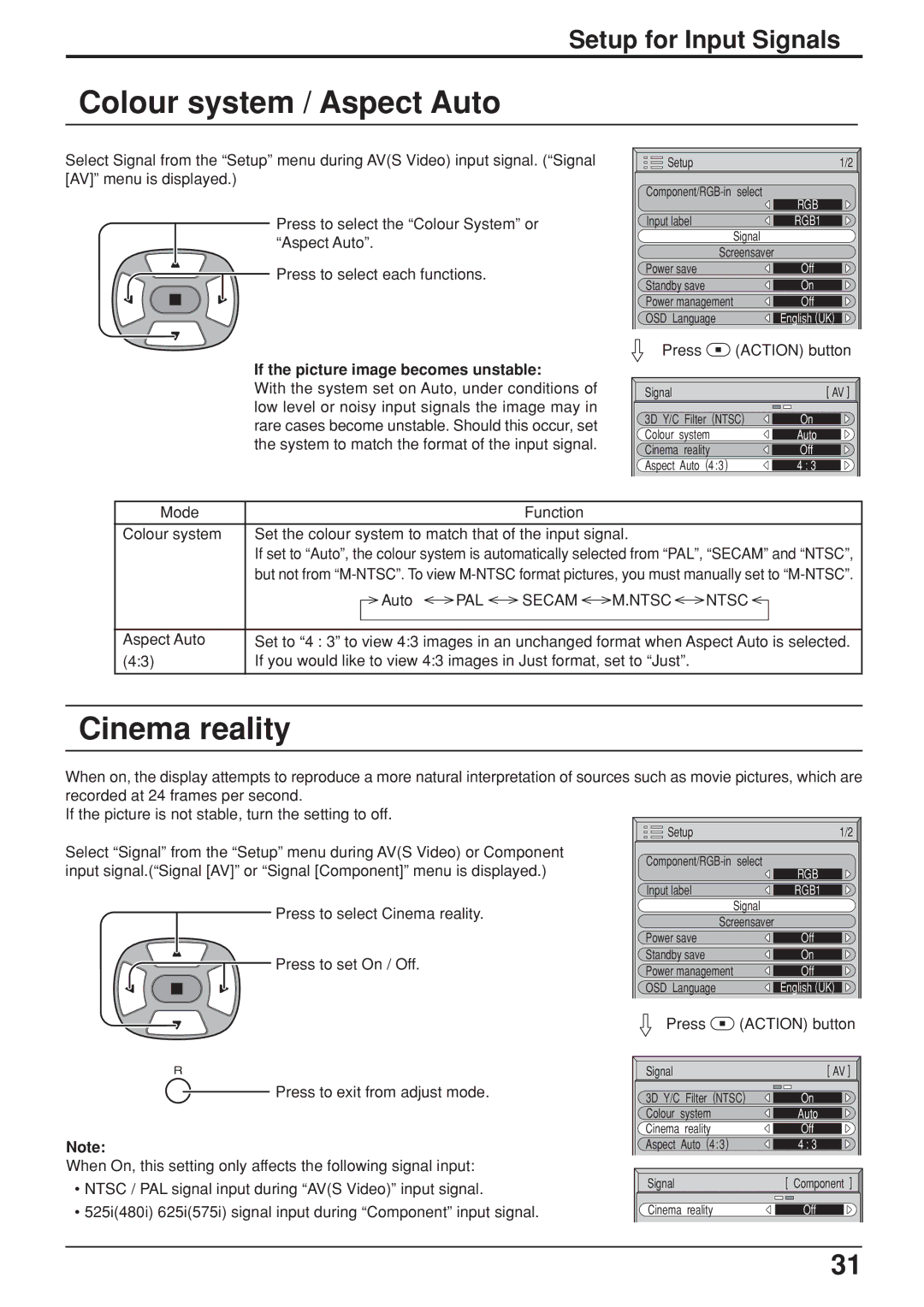 JVC GD V502U, GD-V422U Colour system / Aspect Auto, Cinema reality, If the picture image becomes unstable, PAL Secam Ntsc 