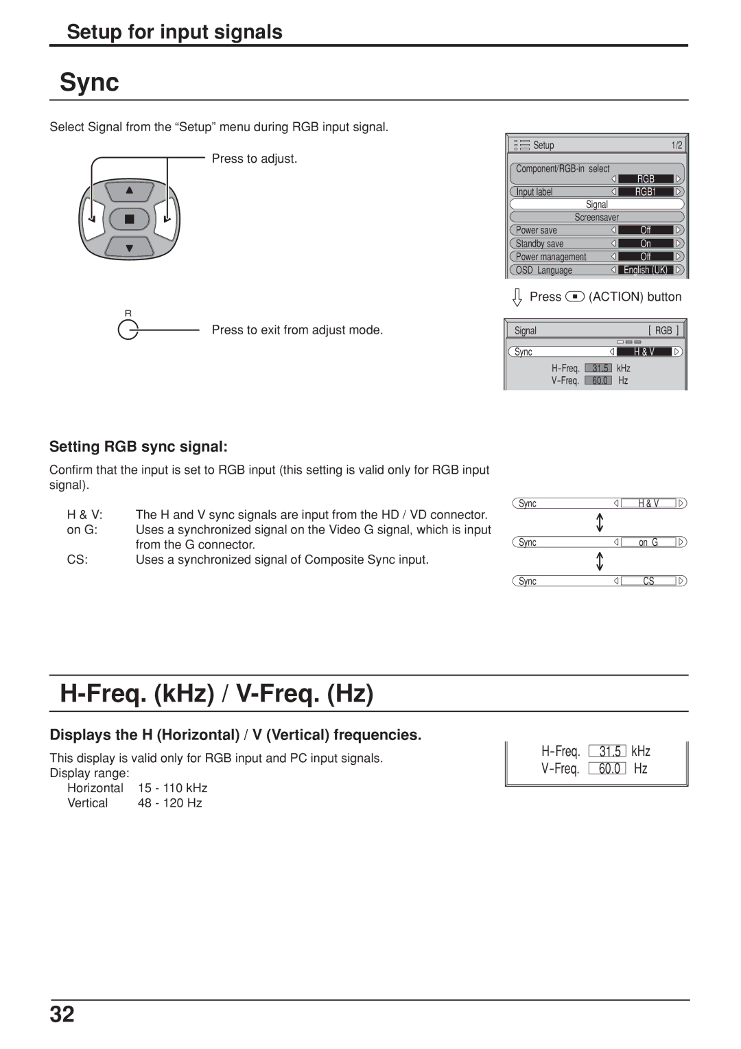 JVC GD-V422U, GD V502U manual Sync, Setting RGB sync signal 