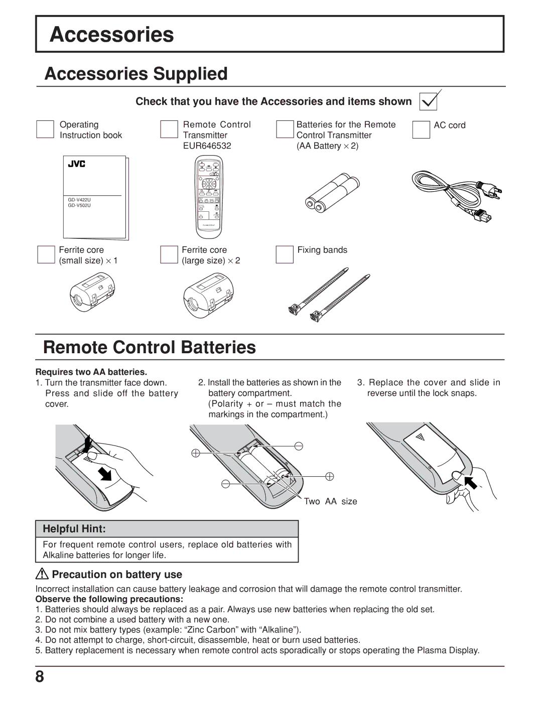 JVC GD-V422U, GD V502U manual Accessories Supplied, Remote Control Batteries 