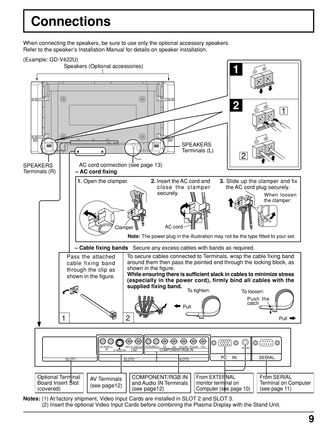 JVC GD V502U, GD-V422U manual Connections, Speakers, AC cord fixing 