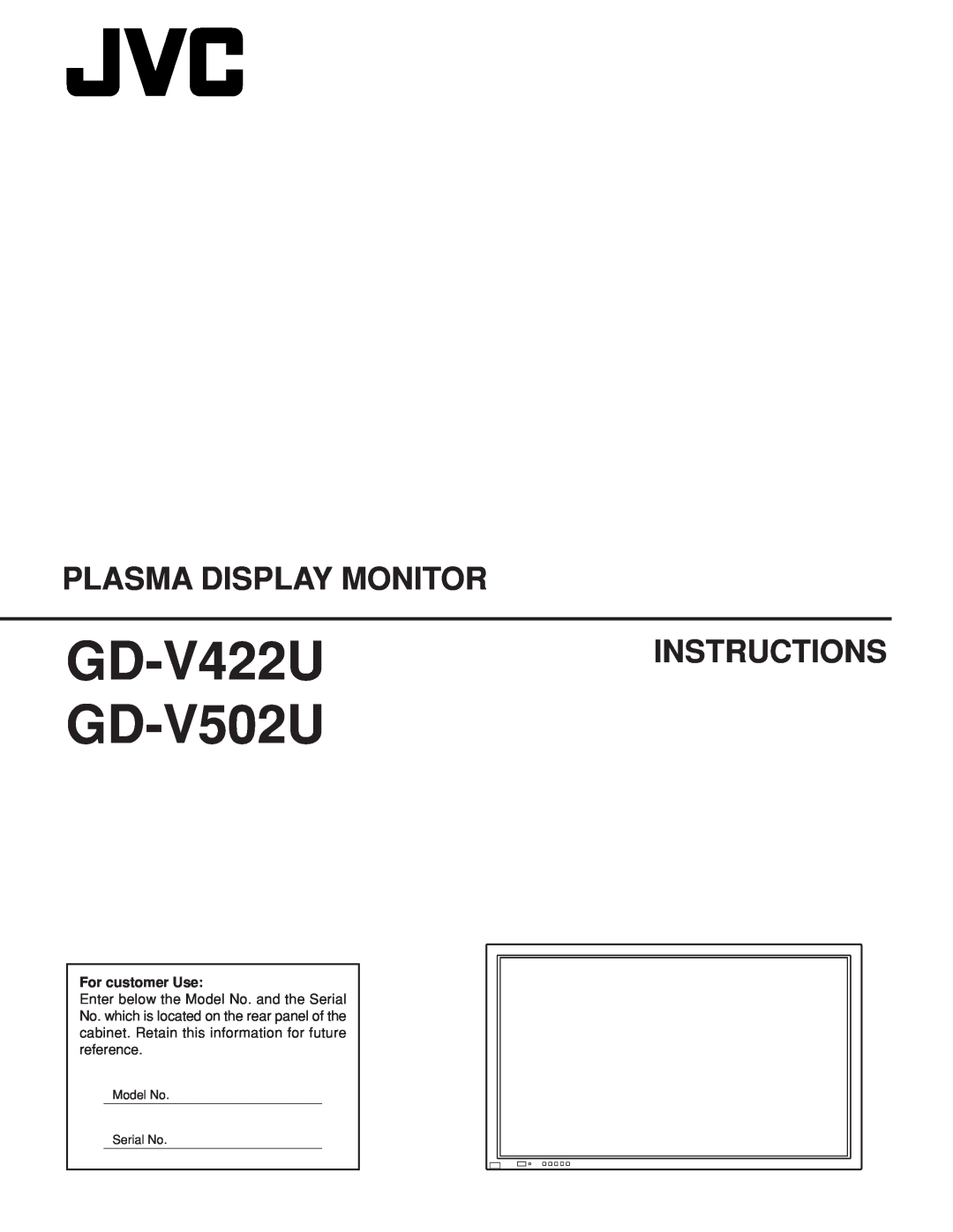 JVC GD V502U manual GD-V422U GD-V502U, Plasma Display Monitor, Instructions, For customer Use 