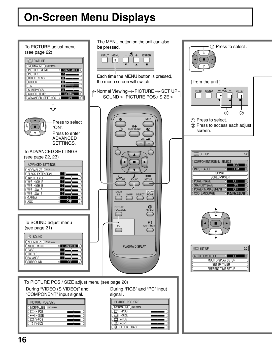 JVC GD-V422U, GD V502U manual On-Screen Menu Displays, Press to select 