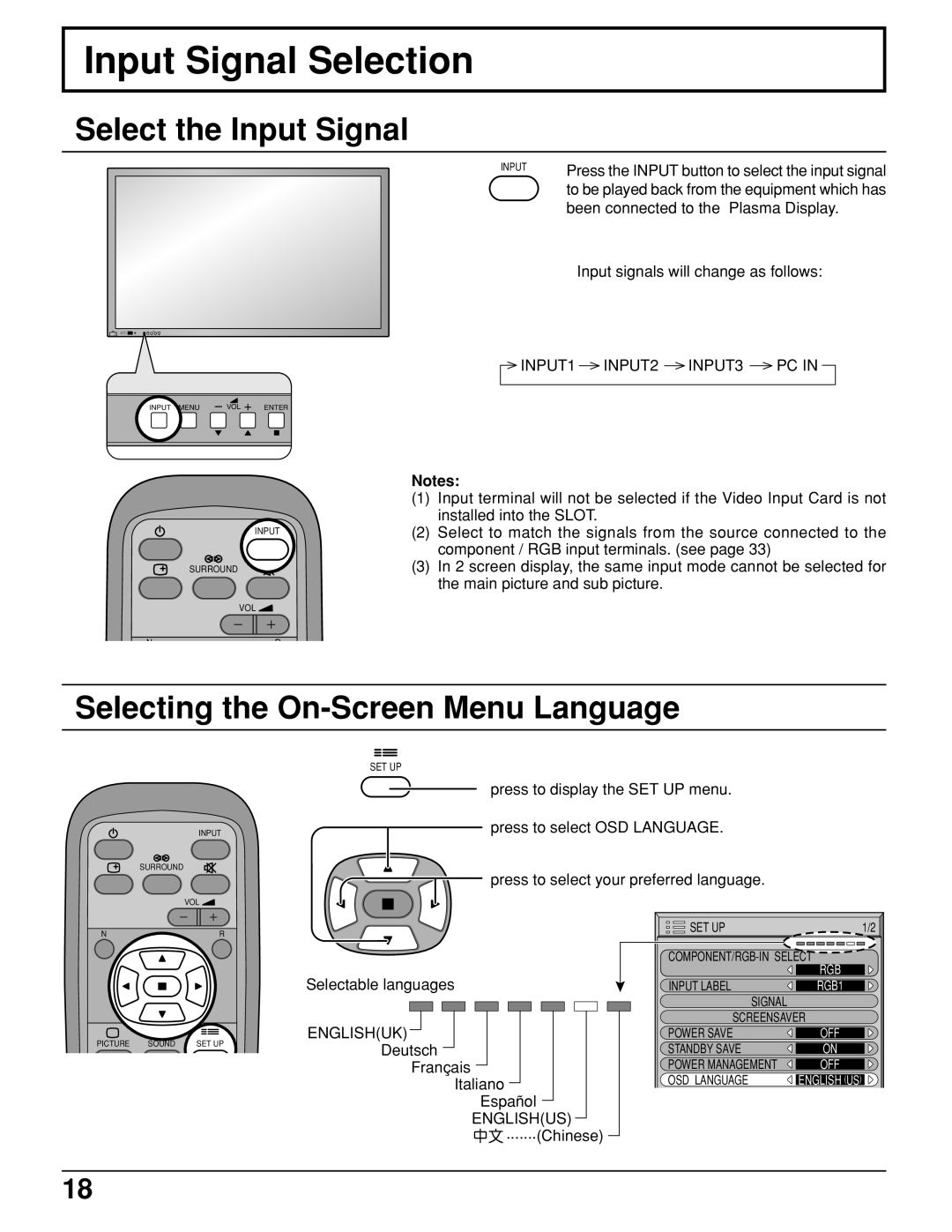 JVC GD-V422U, GD V502U manual Input Signal Selection, Select the Input Signal, Selecting the On-Screen Menu Language 