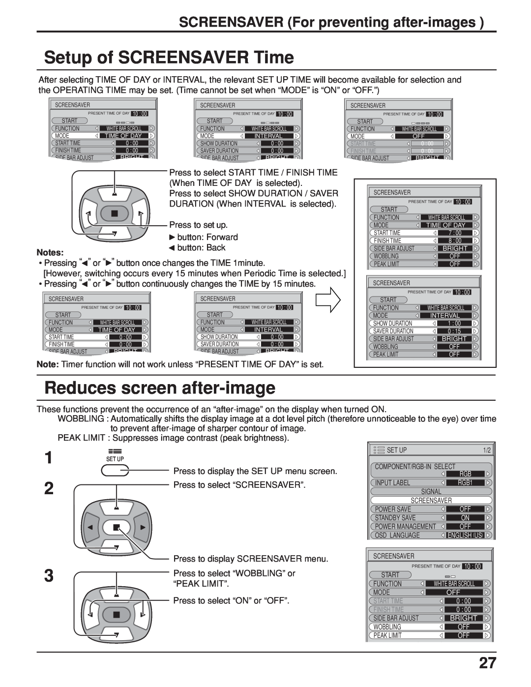 JVC GD V502U, GD-V422U manual Setup of SCREENSAVER Time, Reduces screen after-image, SCREENSAVER For preventing after-images 