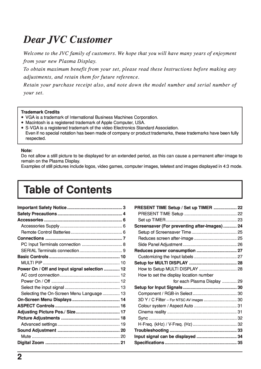 JVC GD-V422U, GD V502U manual Dear JVC Customer, Table of Contents 