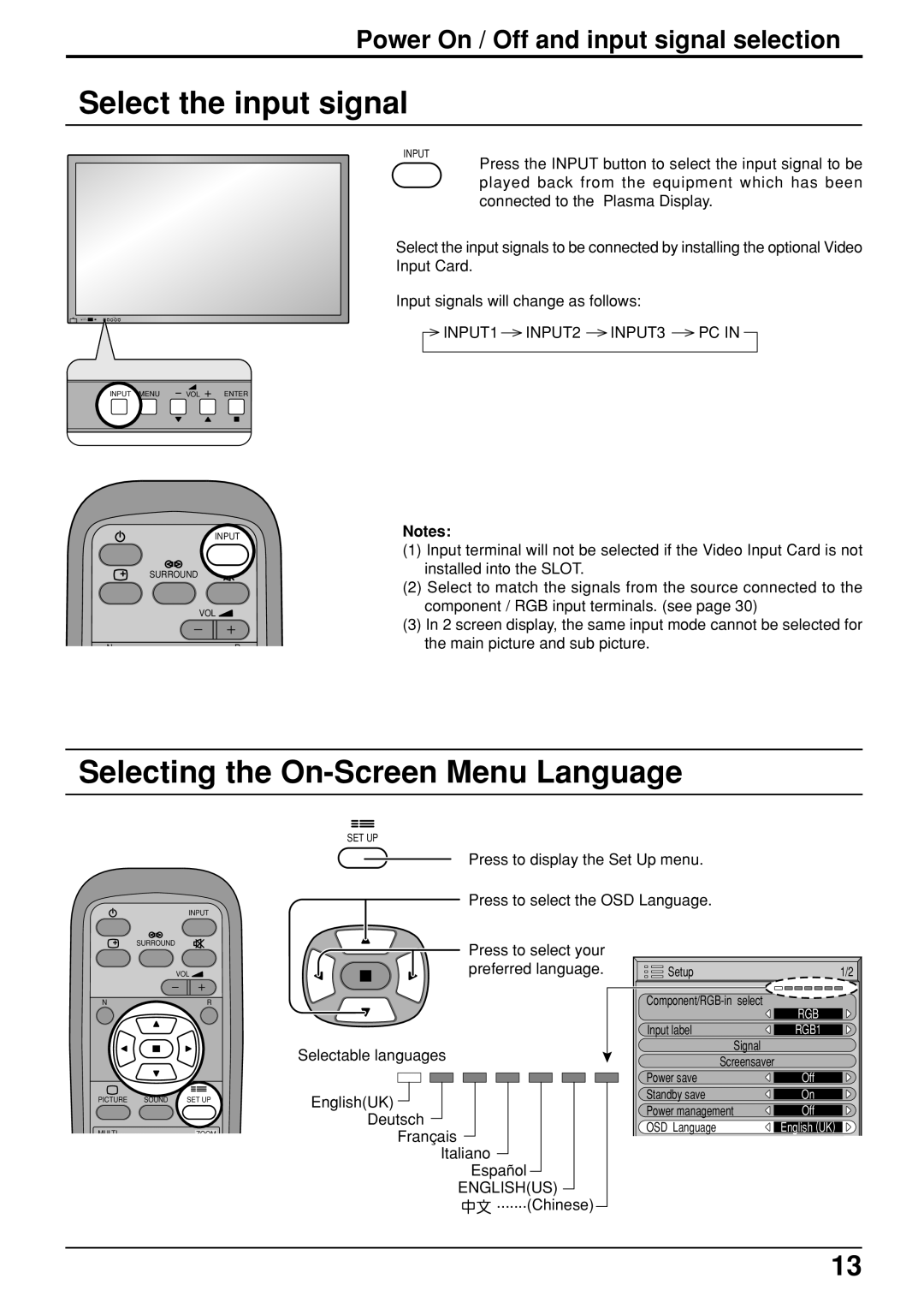 JVC GD V502U Select the input signal, Power On / Off and input signal selection, Selecting the On-Screen Menu Language 