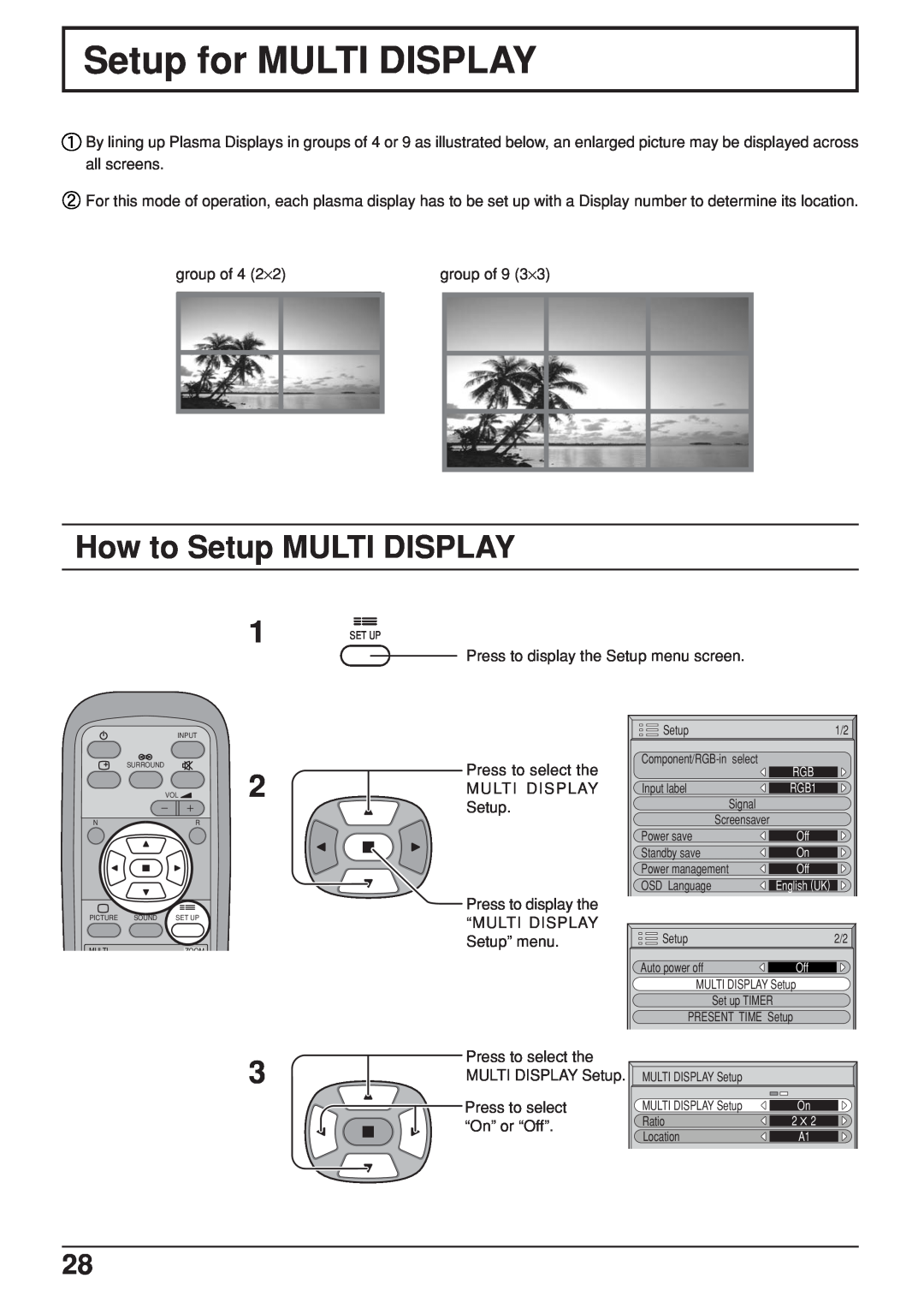 JVC GD-V422U, GD V502U manual How to Setup MULTI DISPLAY, Setup for MULTI DISPLAY, Press to select the MULTI DISPLAY Setup 