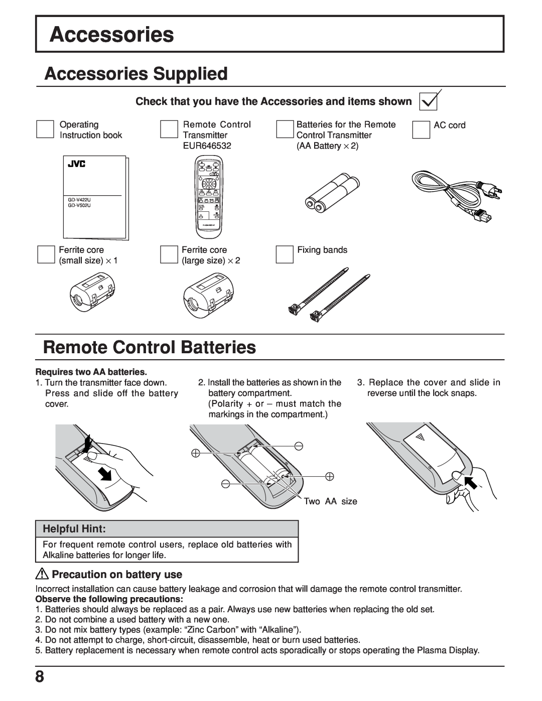 JVC GD-V422U manual Accessories Supplied, Remote Control Batteries, Check that you have the Accessories and items shown 