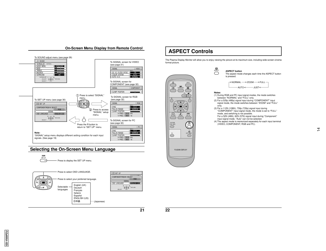 JVC GD V500PZU Aspect Controls, Selecting the On-Screen Menu Language, On-Screen Menu Display from Remote Control 