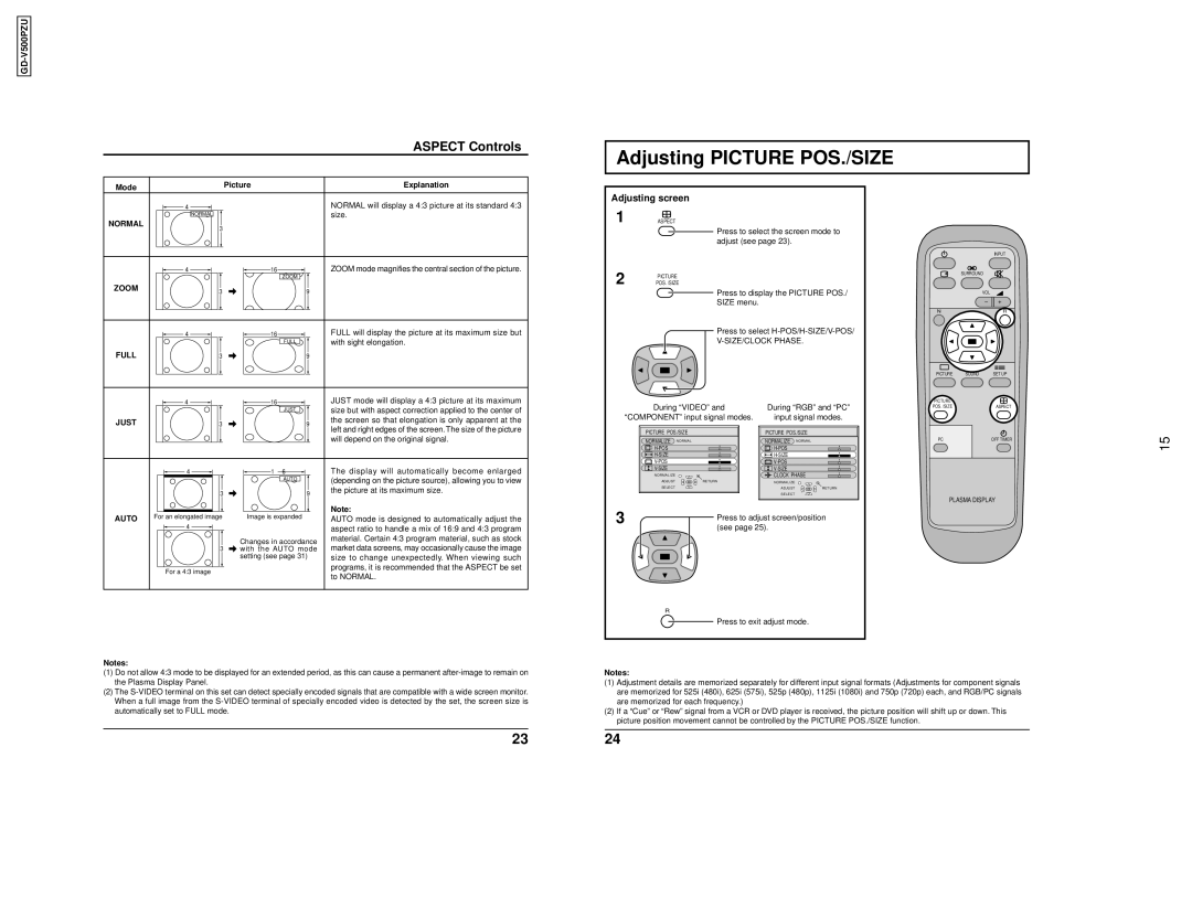 JVC GD V500PZU user service Adjusting Picture POS./SIZE, Aspect Controls, Adjusting screen 