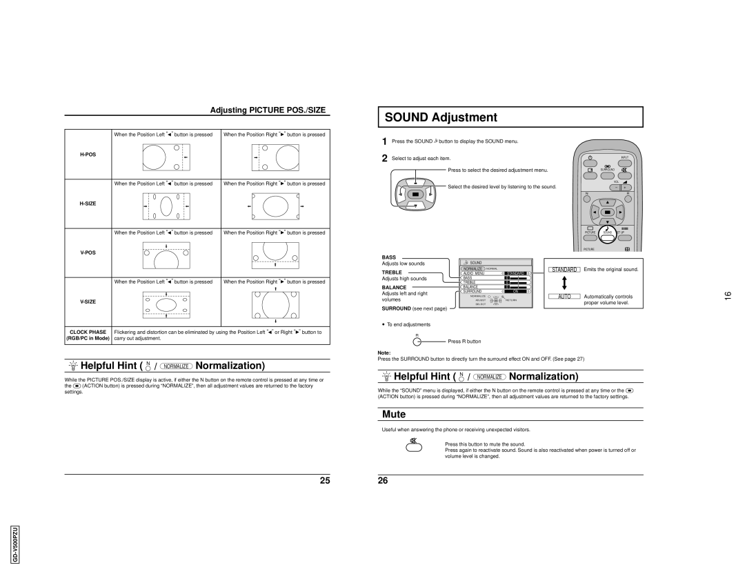 JVC GD V500PZU user service Sound Adjustment, Helpful Hint N / Normalize Normalization, Mute, Adjusting Picture POS./SIZE 