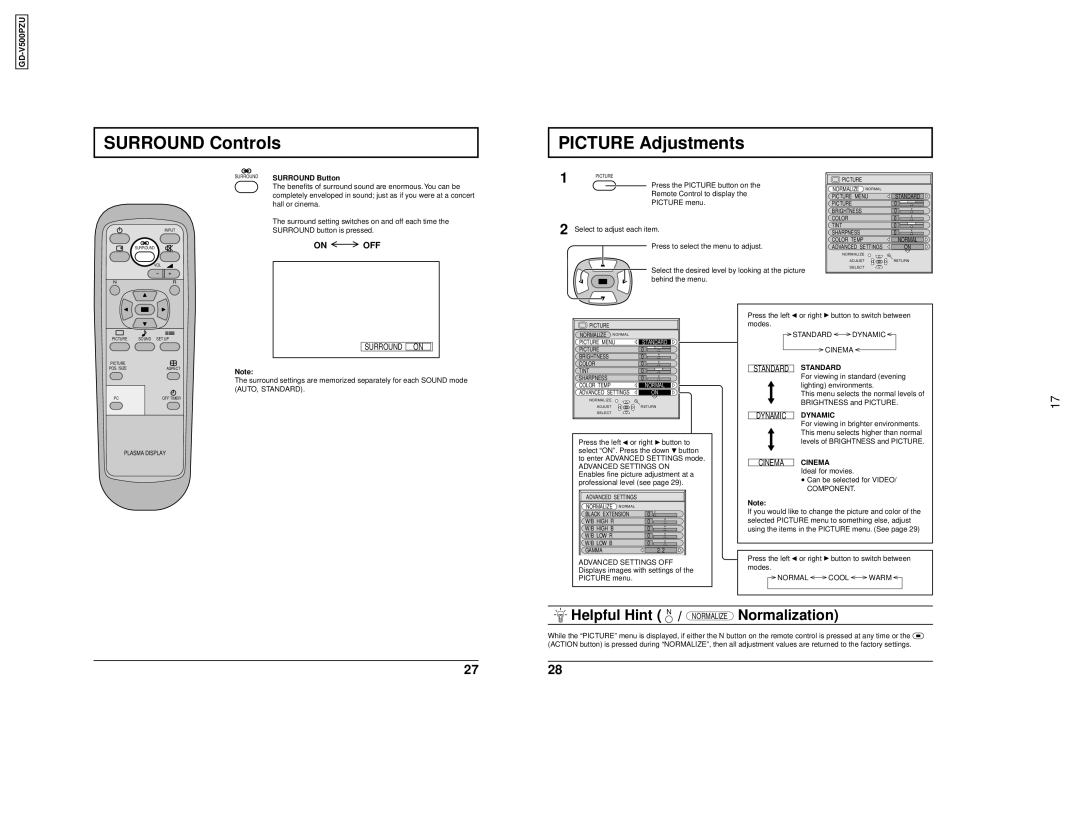 JVC GD V500PZU Surround Controls Picture Adjustments, On OFF, Surround Surround Button, Standard Dynamic Cinema 