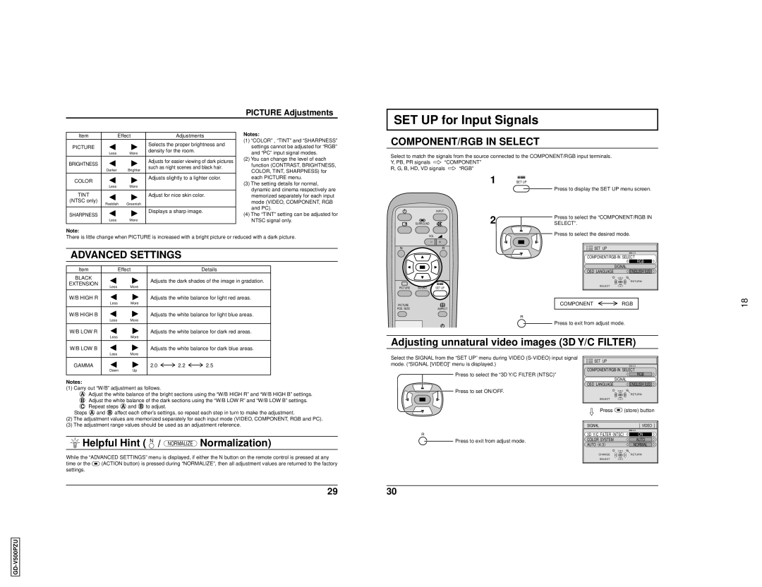 JVC GD V500PZU user service SET UP for Input Signals, Adjusting unnatural video images 3D Y/C Filter, Picture Adjustments 