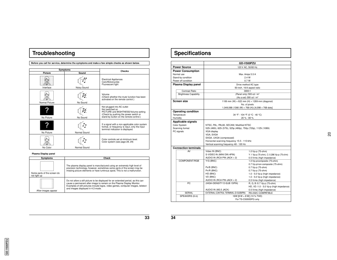 JVC GD V500PZU user service Troubleshooting, Specifications, GD-V500PZU 