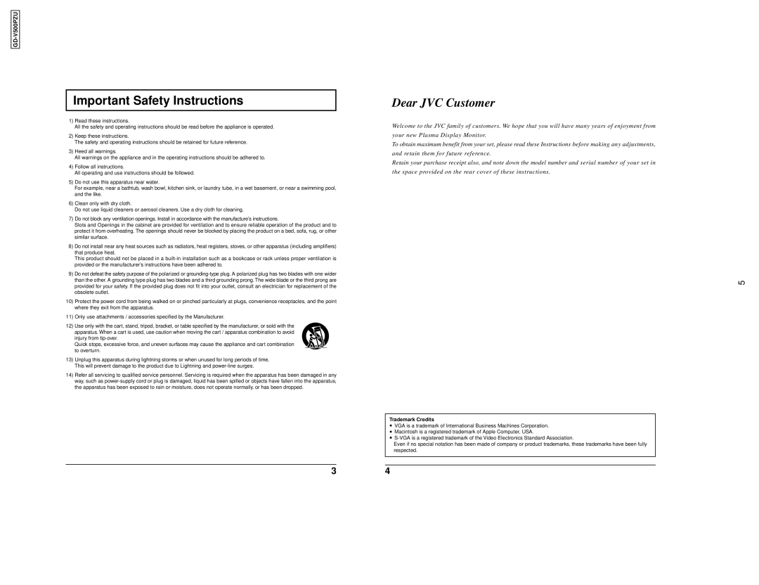 JVC GD V500PZU user service Important Safety Instructions, Trademark Credits 