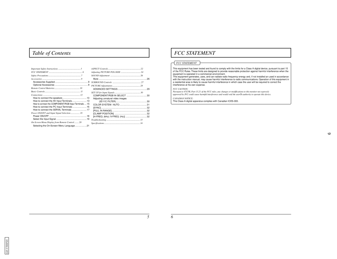 JVC GD V500PZU user service Table of Contents, FCC Statement, FCC Caution, Canadian Notice 