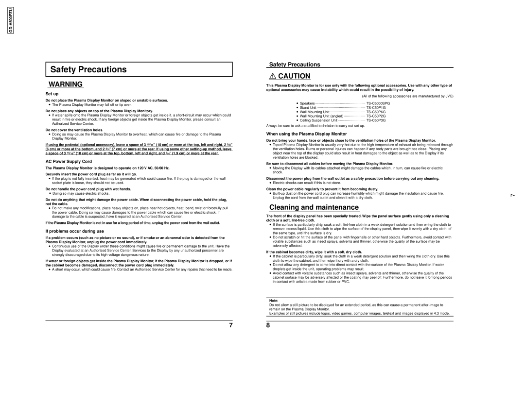 JVC GD V500PZU user service Safety Precautions, Cleaning and maintenance 