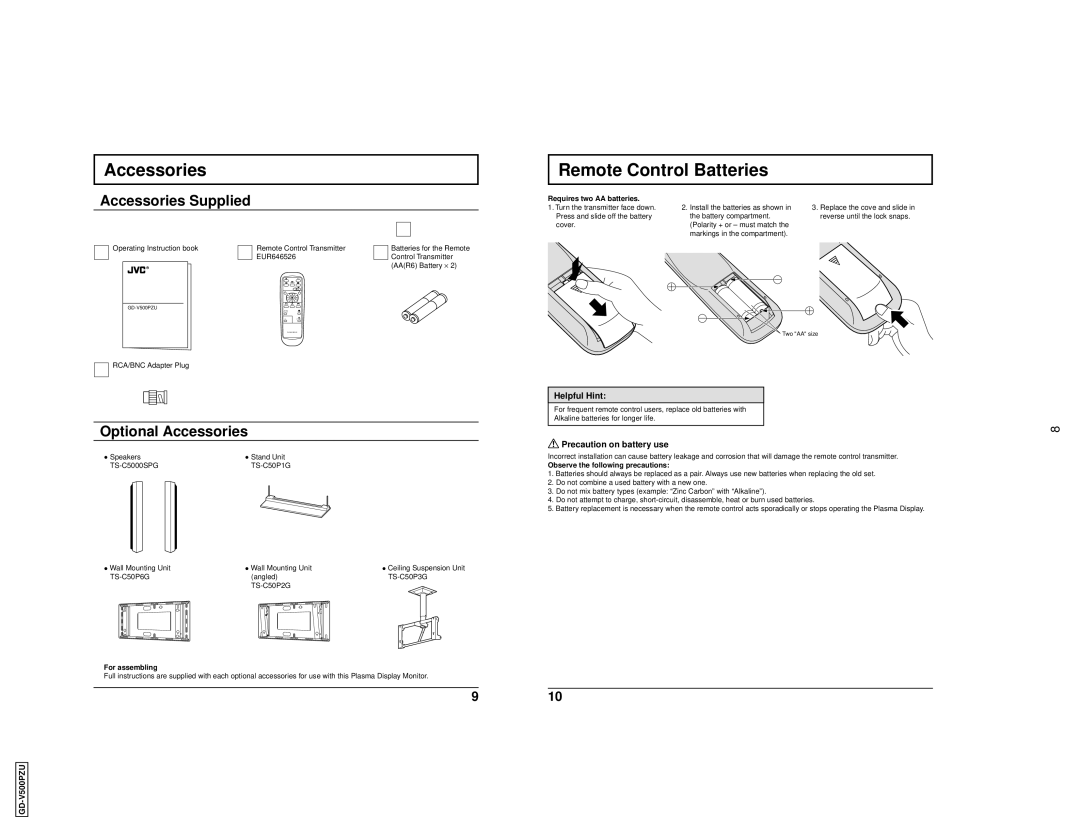 JVC GD V500PZU user service Remote Control Batteries, Accessories Supplied, Optional Accessories 