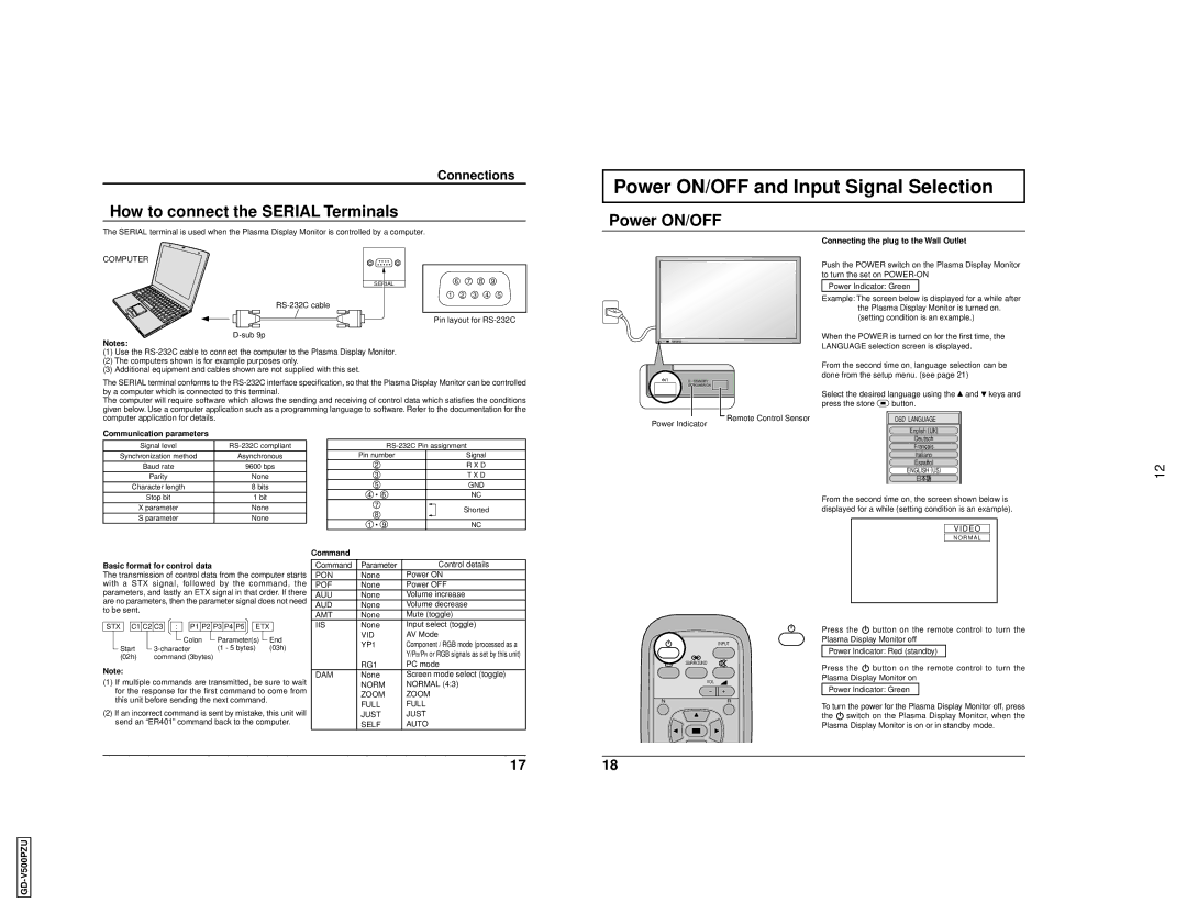 JVC GD V500PZU user service Power ON/OFF and Input Signal Selection, How to connect the Serial Terminals 