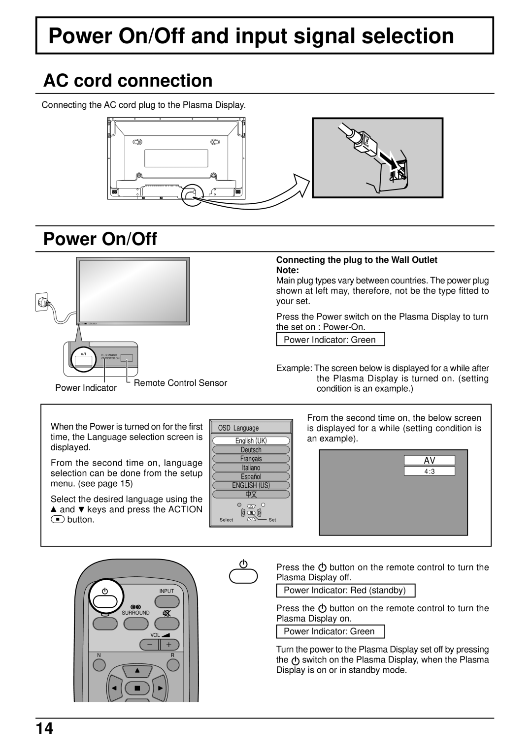 JVC GD-V501PCE manual Power On/Off and input signal selection, AC cord connection, Connecting the plug to the Wall Outlet 