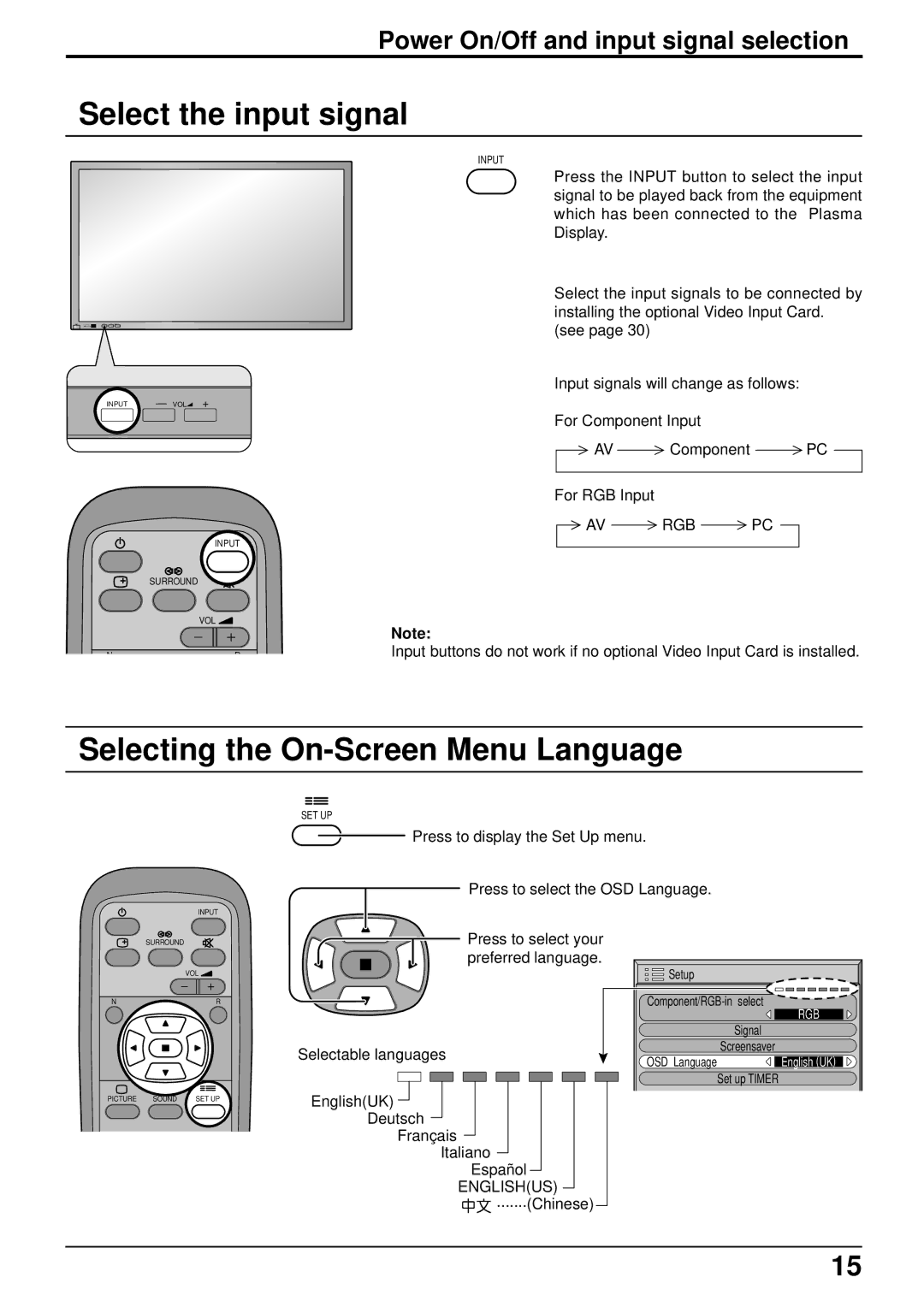 JVC GD-V501PCE Select the input signal, Selecting the On-Screen Menu Language, Power On/Off and input signal selection 