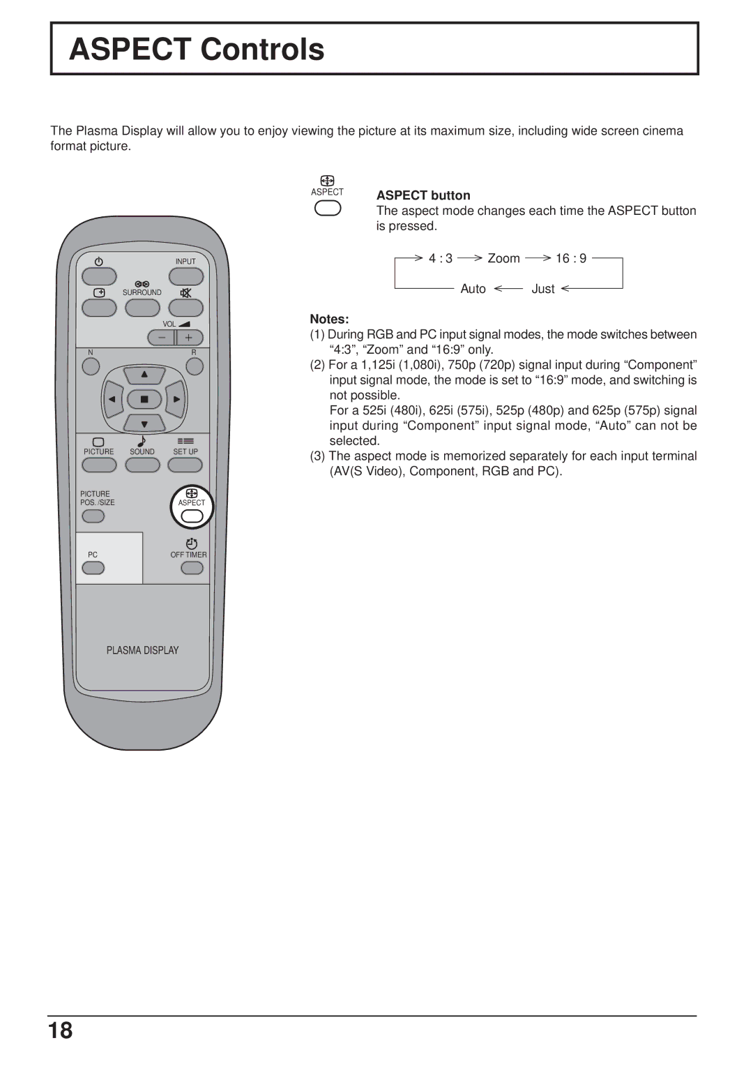 JVC GD-V501PCE manual Aspect Controls, Aspect button 