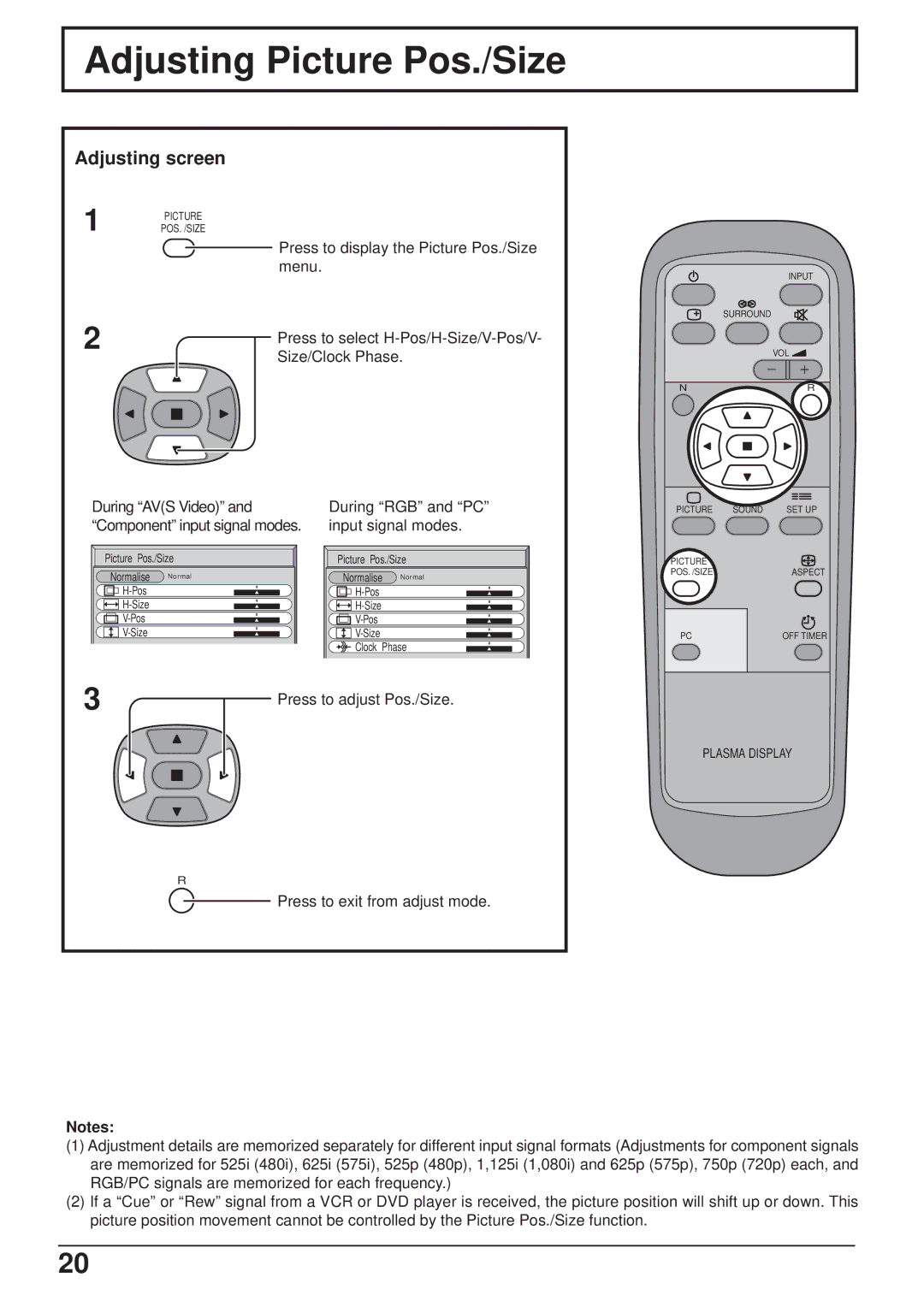 JVC GD-V501PCE manual Adjusting Picture Pos./Size, Adjusting screen 