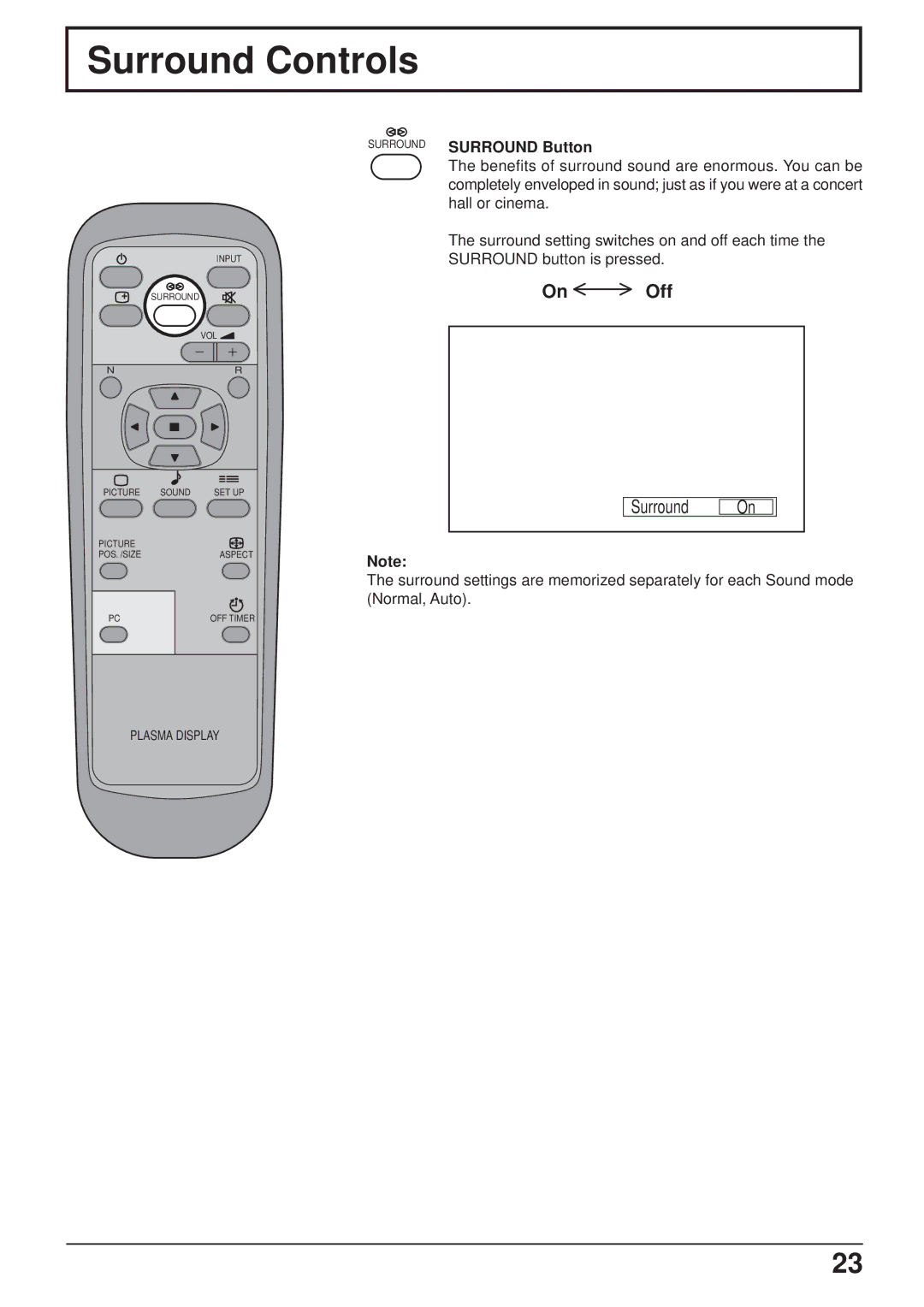 JVC GD-V501PCE manual Surround Controls, On Off, Surround Surround Button 