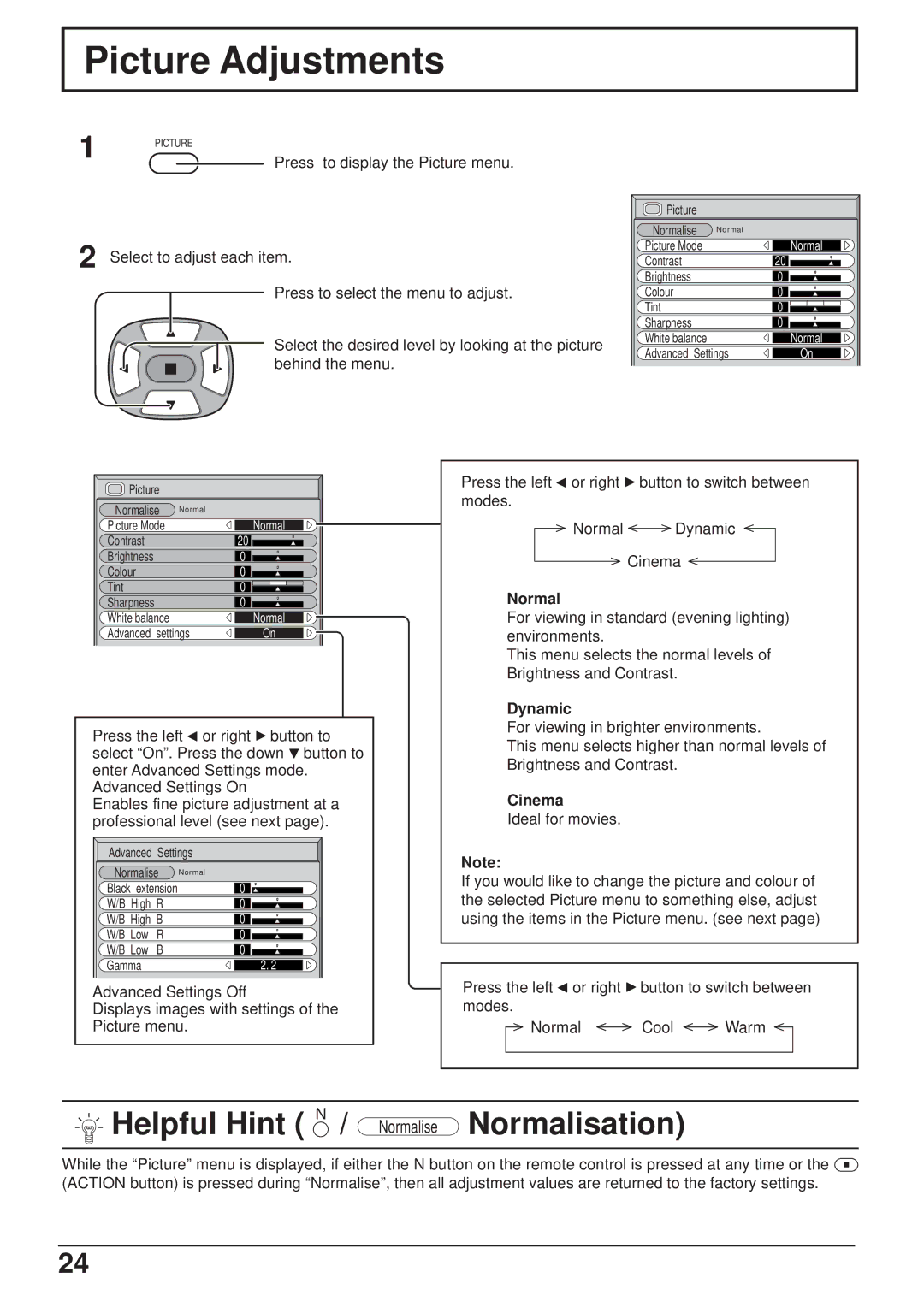 JVC GD-V501PCE manual Picture Adjustments, Normal, Dynamic, Cinema 