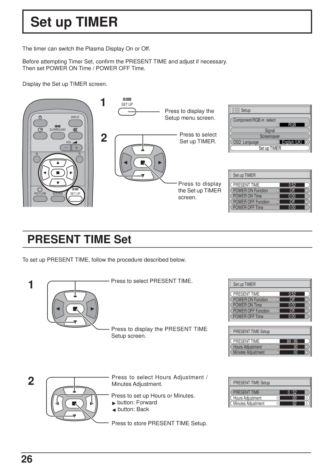 JVC GD-V501PCE manual Set up Timer, Present Time Set 