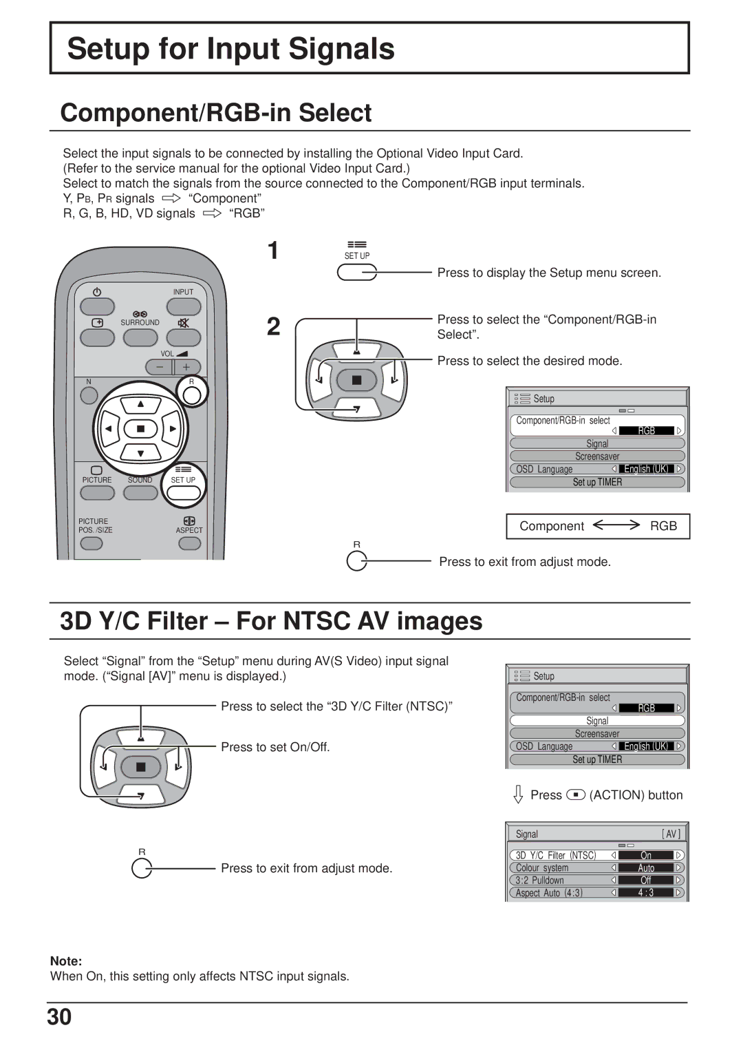 JVC GD-V501PCE manual Setup for Input Signals, Component/RGB-in Select, 3D Y/C Filter For Ntsc AV images 