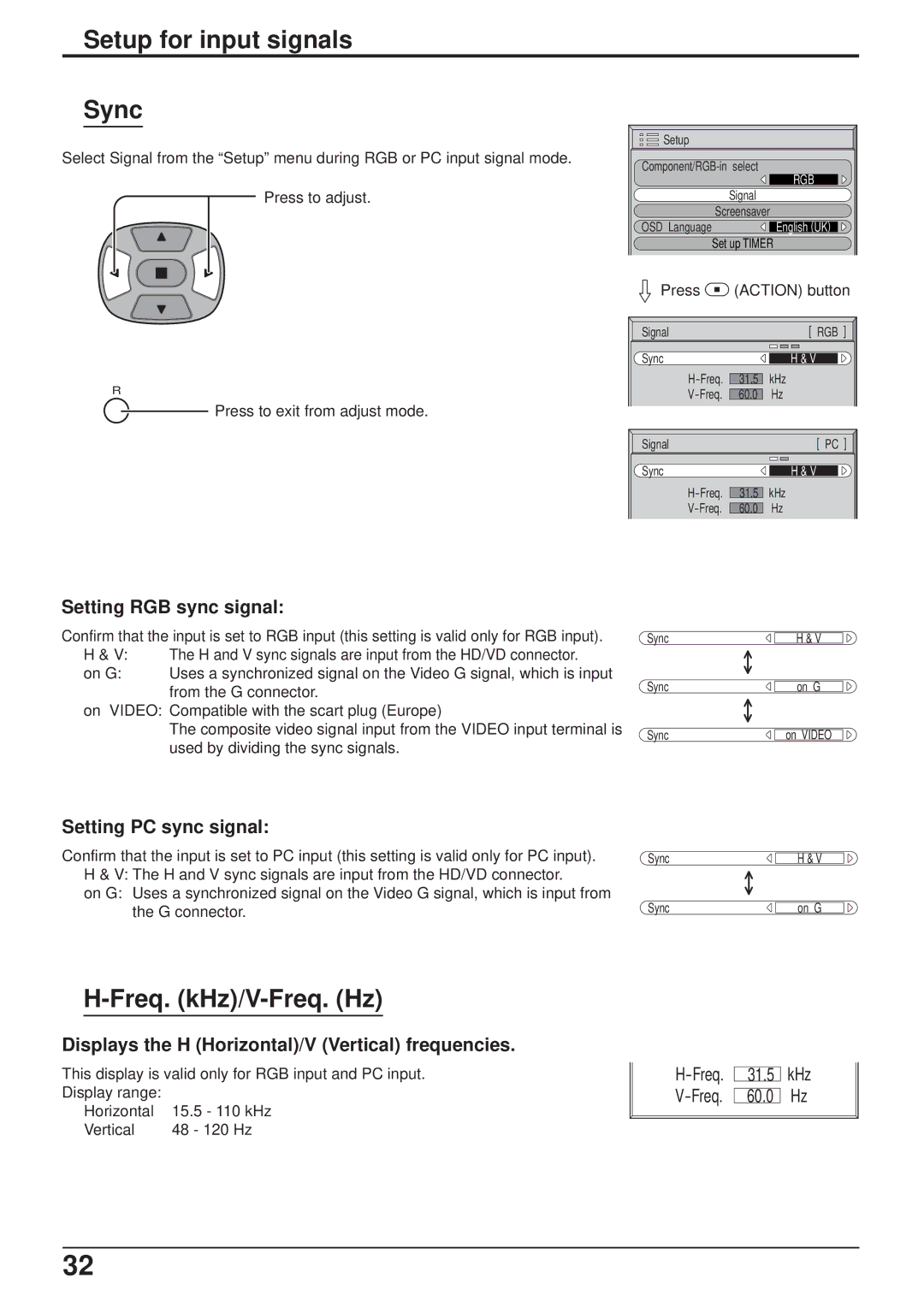 JVC GD-V501PCE manual Setup for input signals Sync, Freq. kHz/V-Freq. Hz, Setting RGB sync signal, Setting PC sync signal 