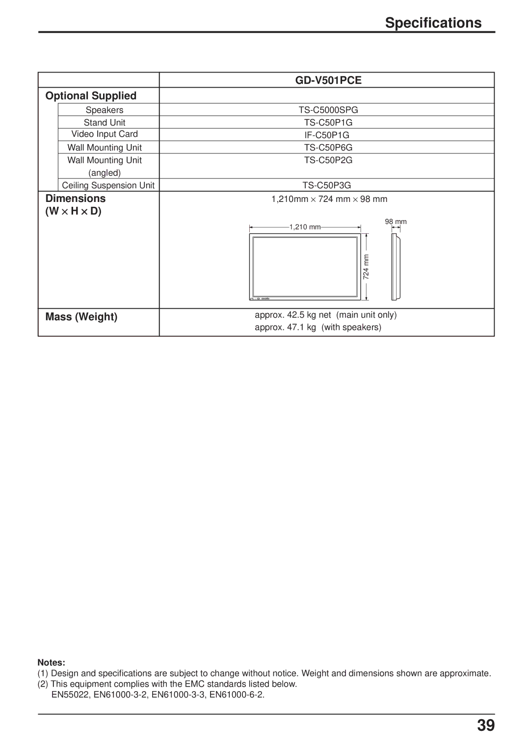 JVC GD-V501PCE manual Specifications, Optional Supplied, Dimensions, × H × D, Mass Weight 